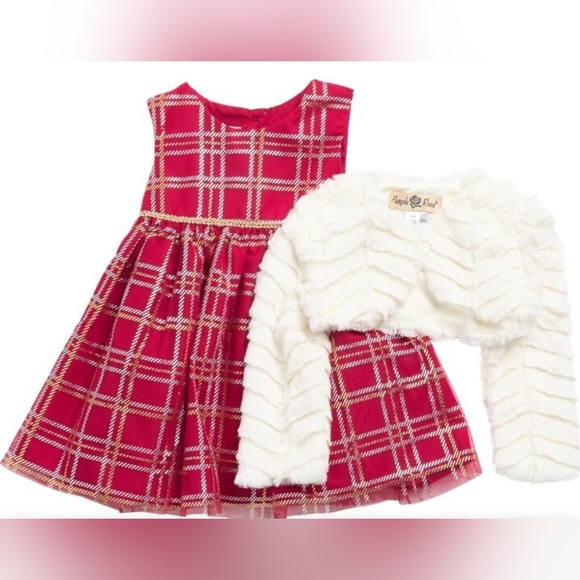 Purple Rose Plaid Dress Faux Fur Jacket Set SZ 24M - Picture 1 of 5